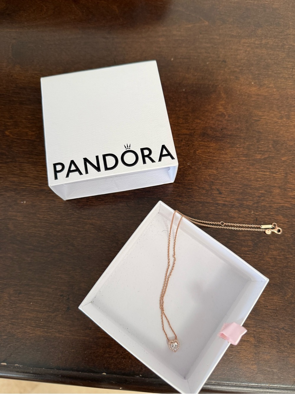 Pandora Rose Gold Heart Necklace with Clear Stone